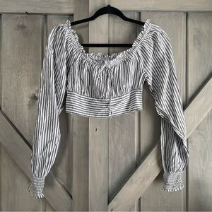 Aerie Crop seersucker‎ striped peasant top navy and white size XS